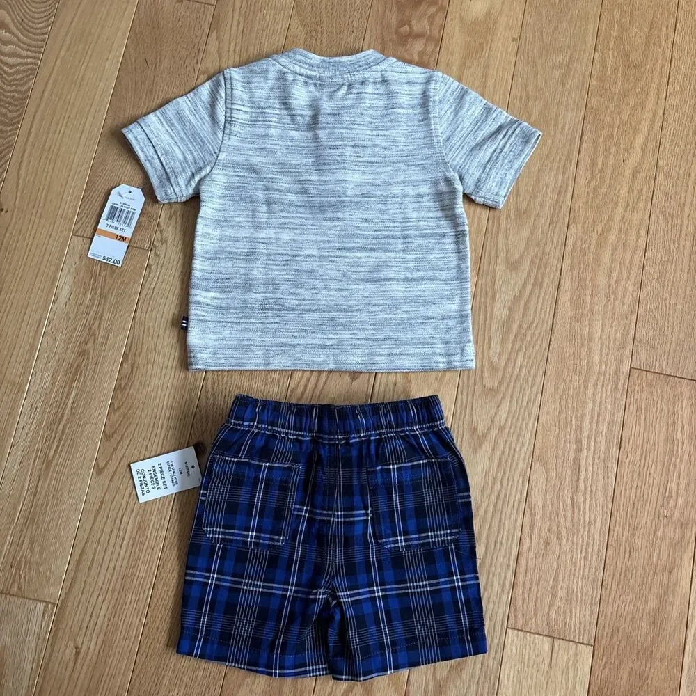 Nautica Infant Boys 2-Piece Blue/Black/White Plaid Shorts Heather Shirt Sz 12M